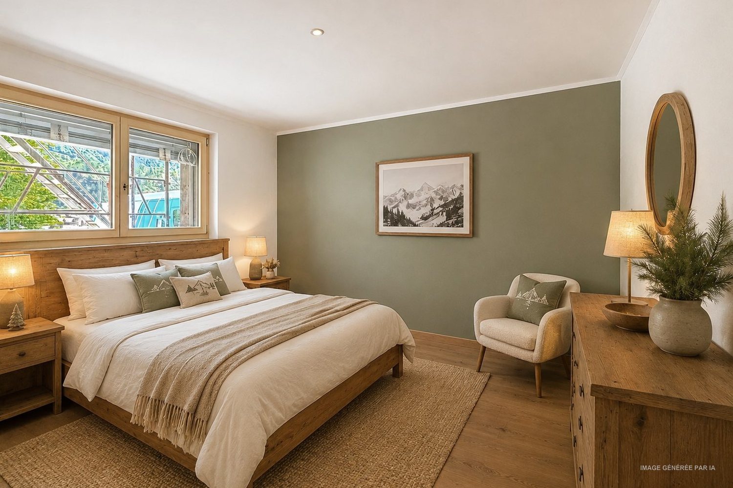Visuel d'ambiance de la chambre parentale, tête de lit en bois et lumière douce.
