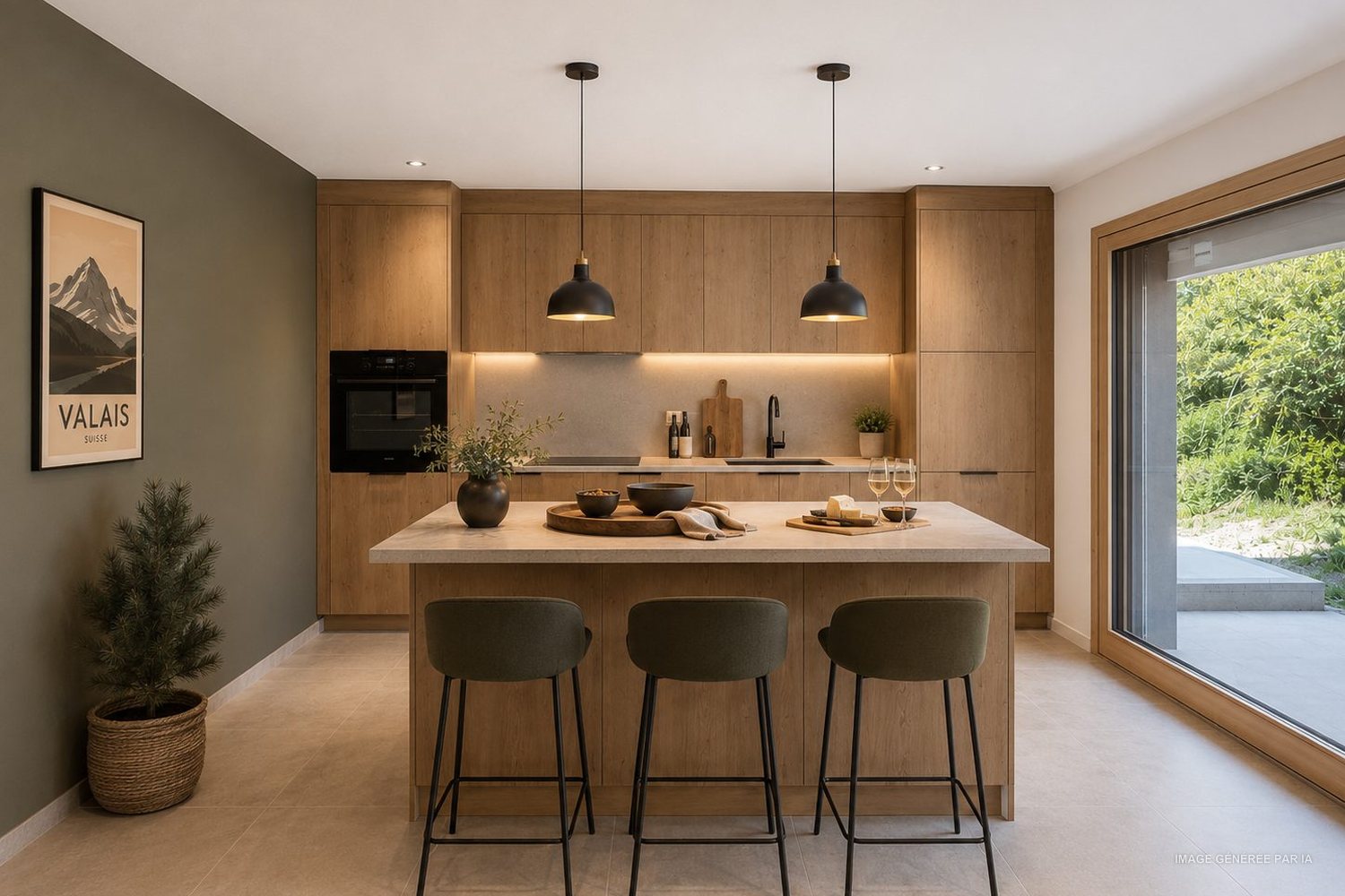 Visuel d'ambiance de la cuisine ouverte en bois clair avec îlot central.