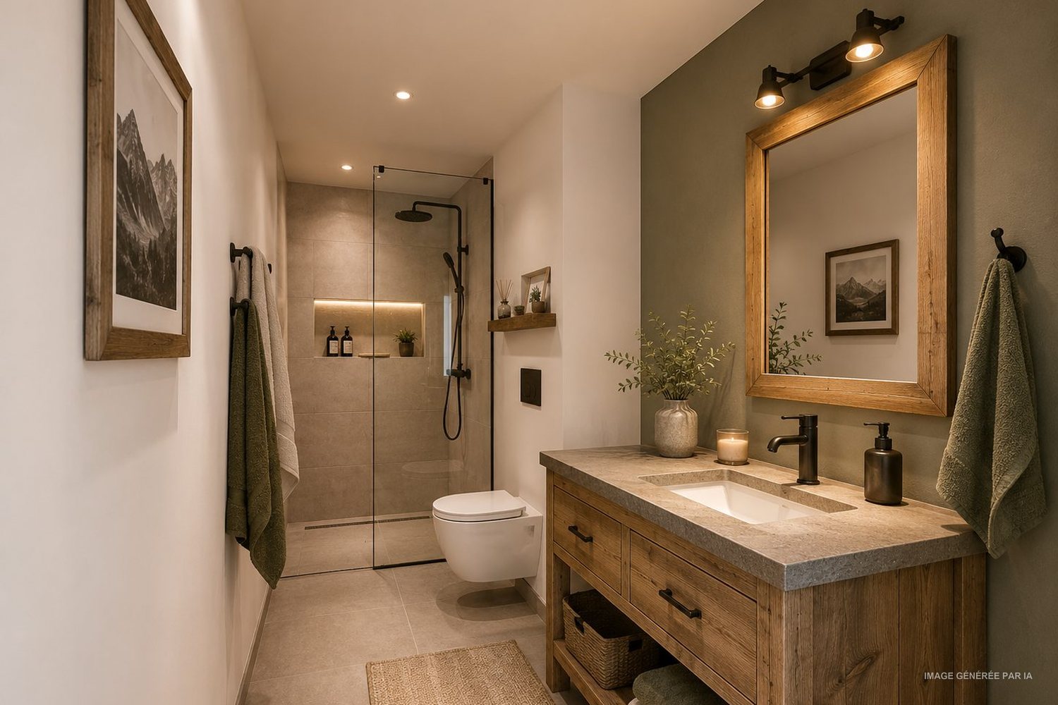 Visuel d'ambiance de la salle de douche, douche à l'italienne et meuble vasque.