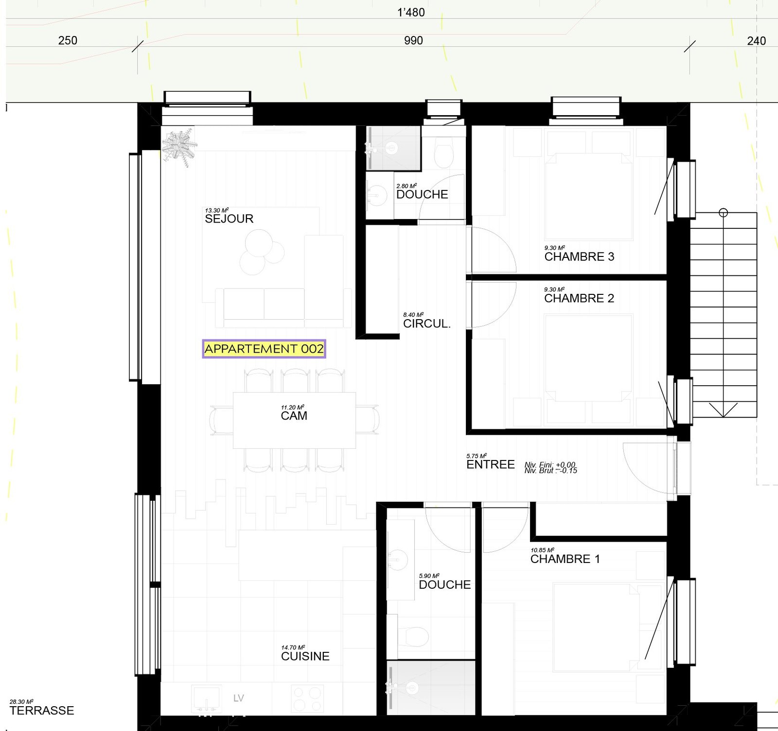 Plan de l'appartement 002 : séjour, coin à manger, cuisine, entrée, circulation, trois chambres, deux douches et terrasse.