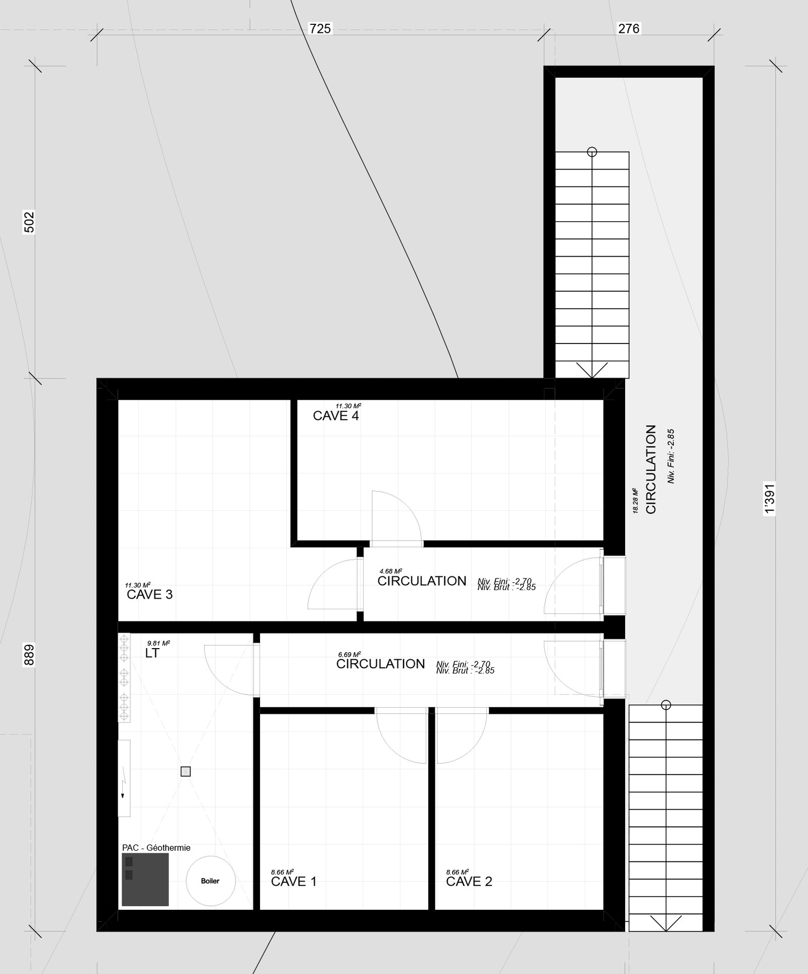 Plan du niveau des caves du bâtiment 1 : caves, local technique et circulations.